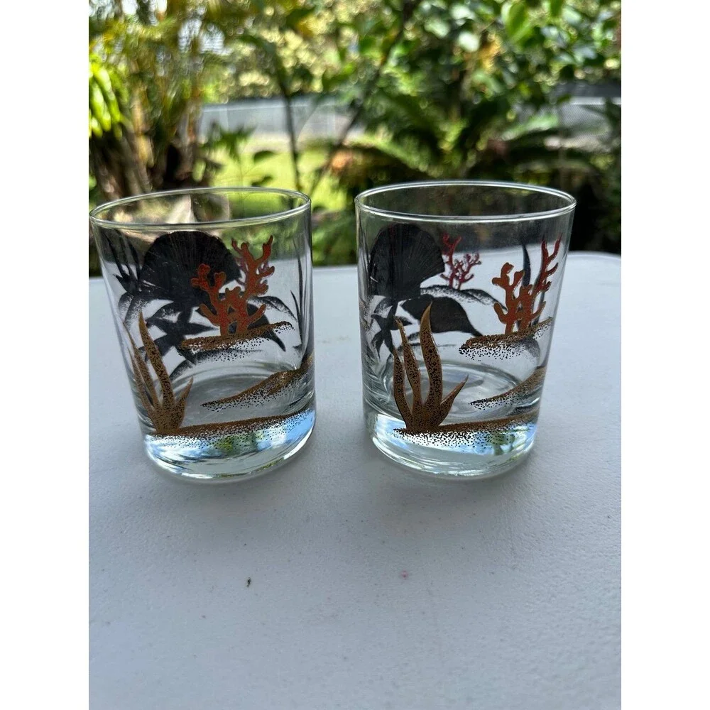 Vintage Set Of 2 Otagiri 22-Karat Gold Gilded Seashell Coral Lowball Glasses